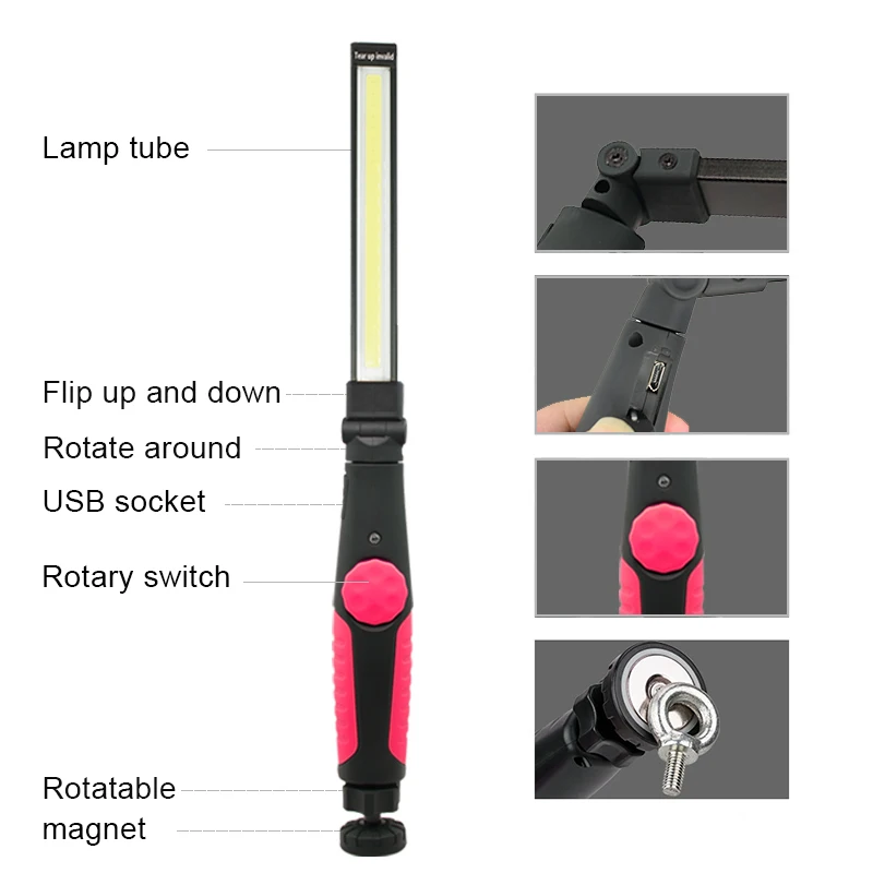 Nešiojamas USB Įkrovimo Šviesos įmontuota Baterija COB Žibintuvėlis Kabinti Kablys Žibinto COB LED Slim Darbo Lengvųjų Automobilių Remontas, Kempingas