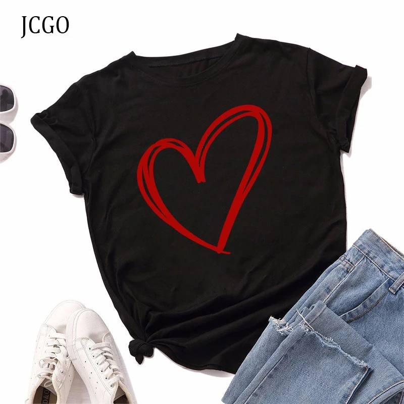 JCGO 2020 metų Vasaros Medvilnės Moterų Marškinėliai S-5XL Plius Dydis Širdies Spausdinti Trumpas Rankovės Lady Tees Viršūnes Atsitiktinis O-Kaklo Moterų Marškinėlius