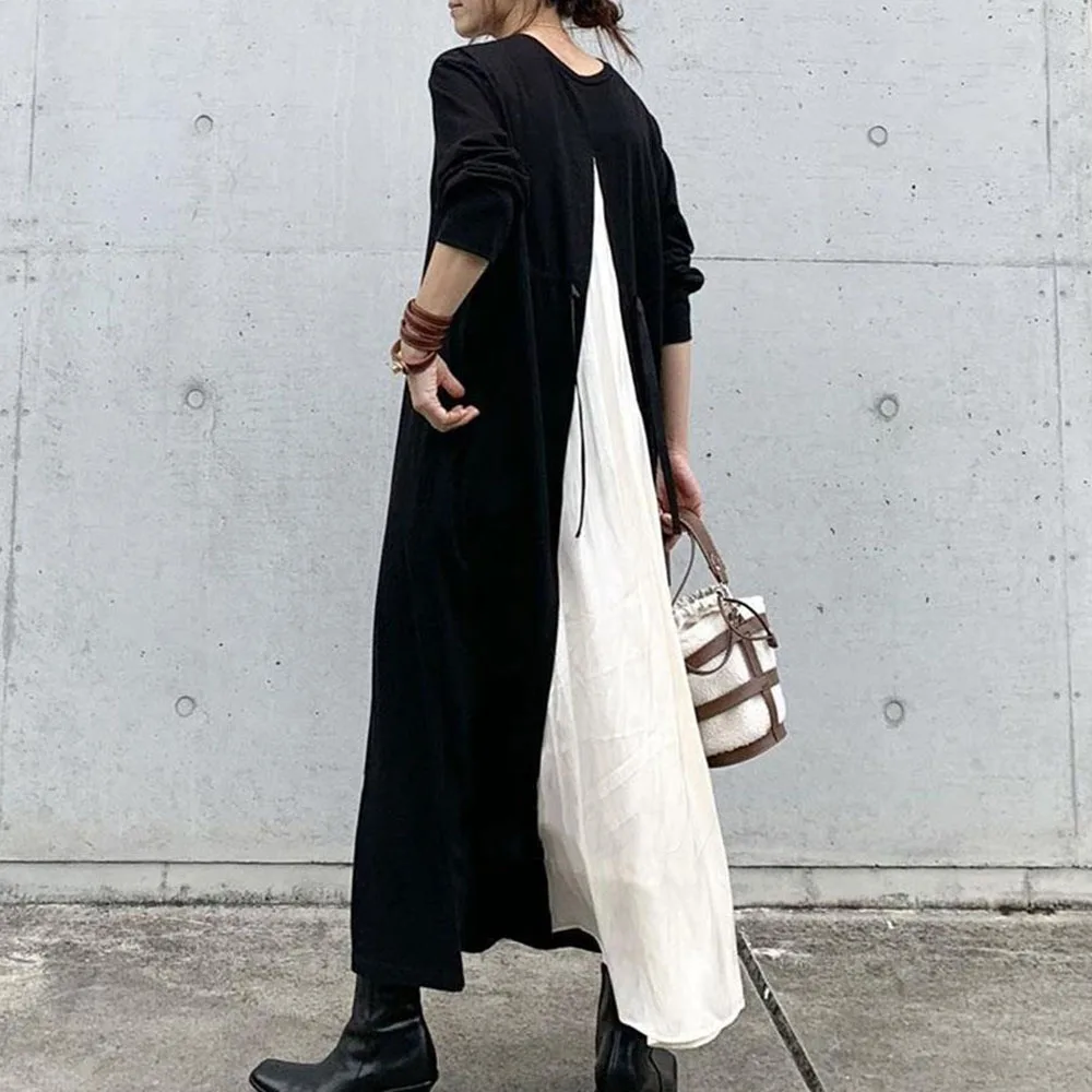Japonų Minimalistinės Ilgomis Rankovėmis Suknelė Mados Kratinys Juoda Balta Korėjos Vienas Gabalas Vestido Moteris Rudens-Žiemos Maxi Suknelės