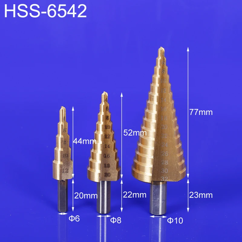 Metrinis Spiralės Fleita Pagoda Formos Skylę Trikampio Cutter 4-12/20/32mm HSS Plieno 6542 Kūgio formos Grąžtas Nustatyti Plieno Žingsnis Galandimo