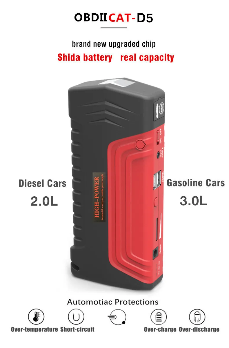 OBDIICAT D5 Automobilių Šuolis Starteris Galia Banko 10000mah Pradėti Jumper 12V Automobilio Avarinis Auto Battery Booster Buster Jumpstarter