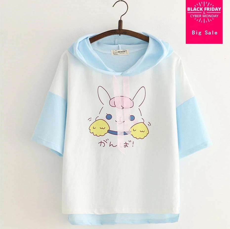 Japonijos Mori girl Anime cartoon t-shirt moterų 2018 m. vasaros naują moterų spausdinimo patchworks trumpas rankovėmis su gobtuvu-kaklo t-shirt L202