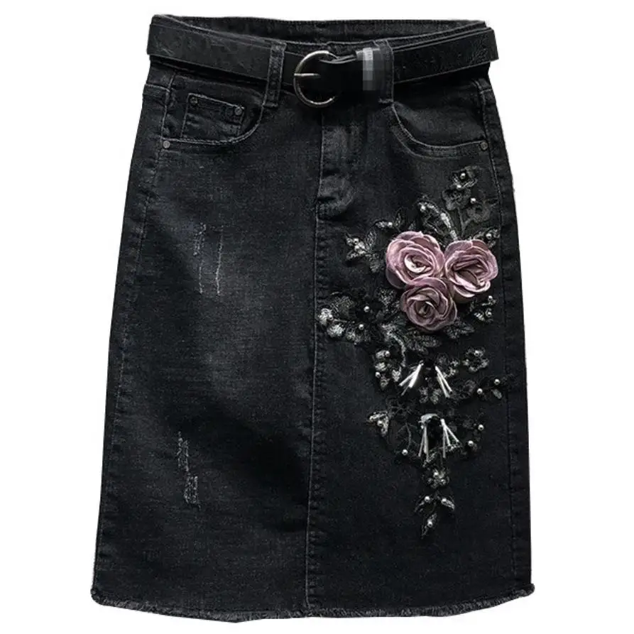 Džinsinio audinio sijonas sijonas moterims, pavasarį, rudenį naujų duobute, siuvinėta juoda padalinta paketo klubo žingsnis džinsai sijonas