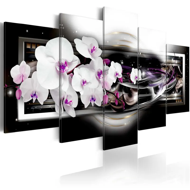 5 vnt Gražių Spalvingų Orchidėjų Žiedų Sienų Tapybos Juoda Žiedų Plakatas Šiuolaikinės Drobė Meno Spausdinti, Miegamojo Namų Dekoro