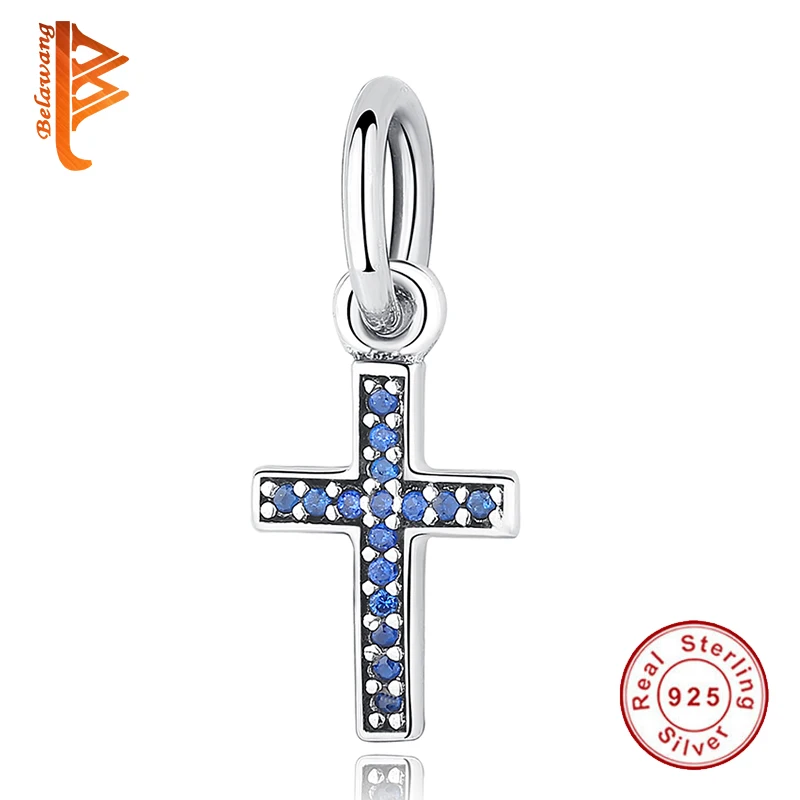 Originali 925 Sterlingas Sidabro Simbolis Tikėjimo Kryžius, Mėlyna CZ Granulės, tinkami Žavesio Apyrankės Karoliai 