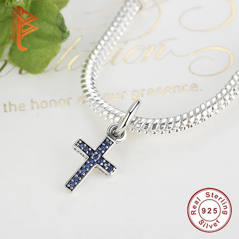 Originali 925 Sterlingas Sidabro Simbolis Tikėjimo Kryžius, Mėlyna CZ Granulės, tinkami Žavesio Apyrankės Karoliai 