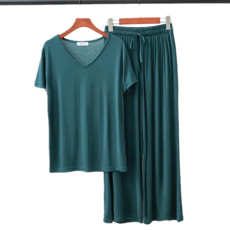 2 dalių Komplektas Modalinis Homewear Moterų vientisos Spalvos Prarasti Pižama 2020 Trumpas Rankovės Marškinėliai ir Kelnės Rudens Namų Drabužiai Moterims