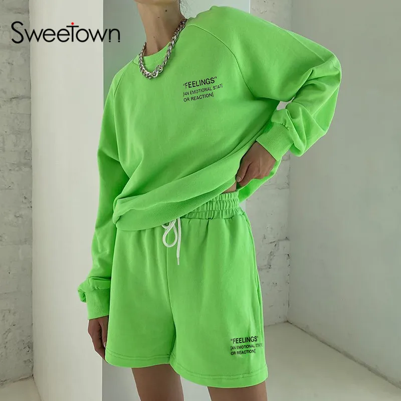 Sweetown Ilgomis Rankovėmis Negabaritinių Marškinėlius Moteris Rudens-Žiemos 2020 M. Namų Laisvalaikio Drabužių Atsitiktinis Raidžių Spausdinti Veikia Susagstomi Megztiniai