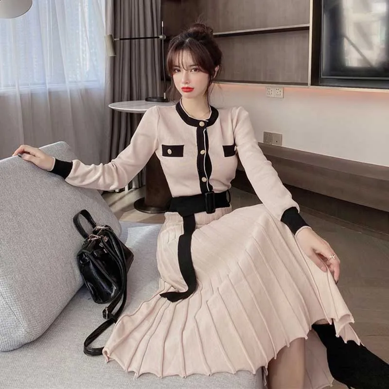 Vientisas Moteris Megztiniai Megztinis Plisuotos Suknelės Korėjos Elegantiškas Biuras Suknelė 2020 M. Žiemos Moterys Ilgomis Rankovėmis Megzti Suknelę Midi Suknelė