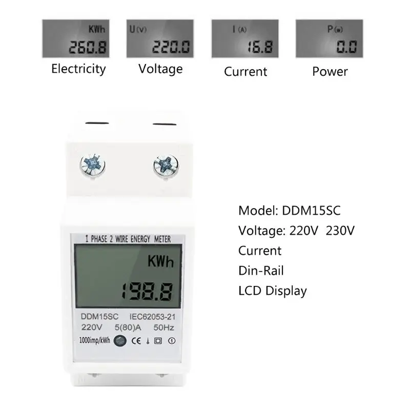 Skaitmeninis Energijos Skaitiklis 5(80)A LCD Skaitmeninis Ekranas vienfaziai DIN-Rail Elektroninių 1 2 Etapas Vielos KWh Energijos Skaitiklis