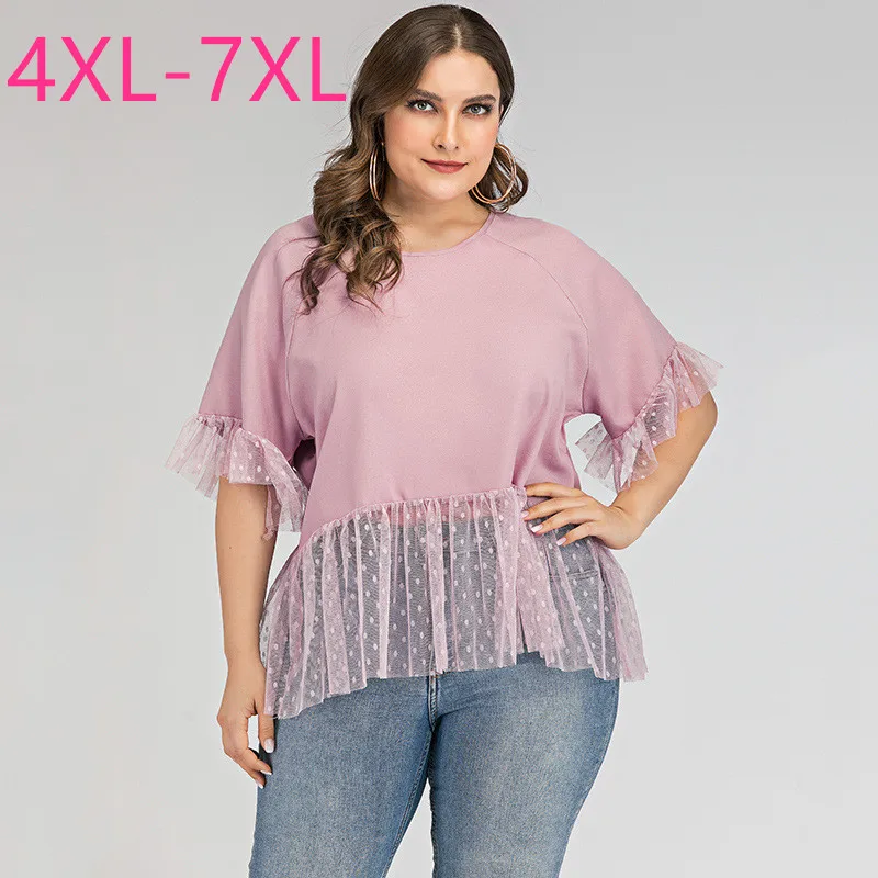 Naujas 2021 m. vasarą plius dydis viršūnes moterų didelės palaidinė prarasti atsitiktinis trumpas rankovės nėriniais, O ant kaklo rožinės pynimas marškinėliai 4XL 5XL 6XL 7XL