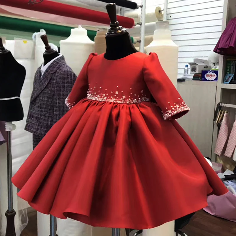 Raudono Tiulio Baby Girl Krikšto Suknelė Ilgomis Rankovėmis Vestuvių Suknelė Duobute Bamblys Mergina Drabužius Naujagimiui Gimtadienio Ceremonijos Suknelė