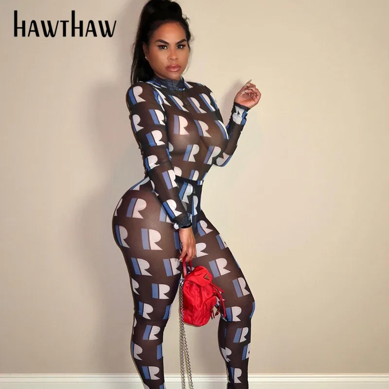 Hawthaw Moterys Vasarą Ilgomis Rankovėmis Atspausdintas Akių Matyti Per Bodysuit Ilgas Kelnes Dviejų Dalių Rinkinys, 2021 Moterų Drabužių Streetwear
