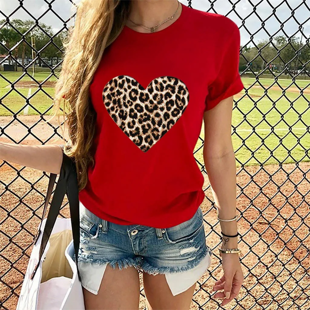T-shirt Moterims, Atsitiktinis Viršūnes Marškinėlius Moterims Valentino Dieną Atsitiktinis Trumpas Rankovės O Kaklo Leopardas Spausdinti Širdies formos Top marškinėliai Moteriška