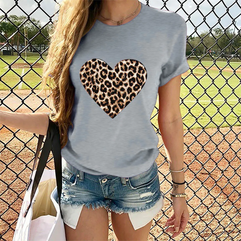 T-shirt Moterims, Atsitiktinis Viršūnes Marškinėlius Moterims Valentino Dieną Atsitiktinis Trumpas Rankovės O Kaklo Leopardas Spausdinti Širdies formos Top marškinėliai Moteriška