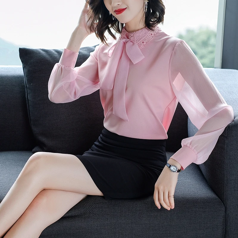 Korėjos Mados Moterims Palaidinės Elegantiškas Moteris Lankas Šifono Marškinėliai Akių Nėrinių Viršūnės Plius Dydis Moterų, Palaidinės Blusas Mujer De Moda 2020 M.