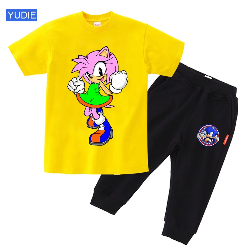 Vaikų Vasaros Drabužių Bamblys Mergaičių Drabužius Sonic Ežys Amy T-marškinėliai+Kelnės Vaikams Drabužių Paauglys Gimtadienio dovana Tinka