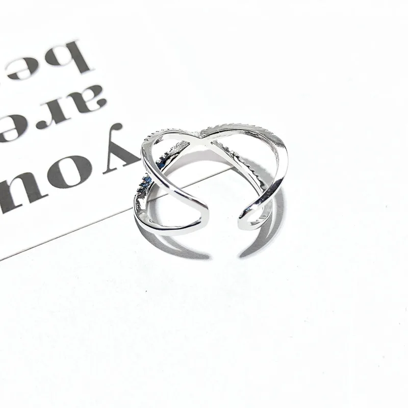 Mielas Moterų White Crystal Akmens Žiedas, Kietas Sterlingas Sidabro Vestuviniai Žiedai Tuščiaviduriai Moterų Madinga Kryžiaus Reguliuojamas Vestuvinis Žiedas