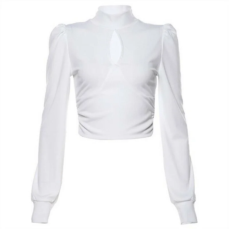2020 Juoda Balta Tuščiaviduriai ilgomis rankovėmis seksualus apkarpyti viršūnes rudens žiemos streetwear zip-up mygtukai kratinys, T-marškinėliai S-L