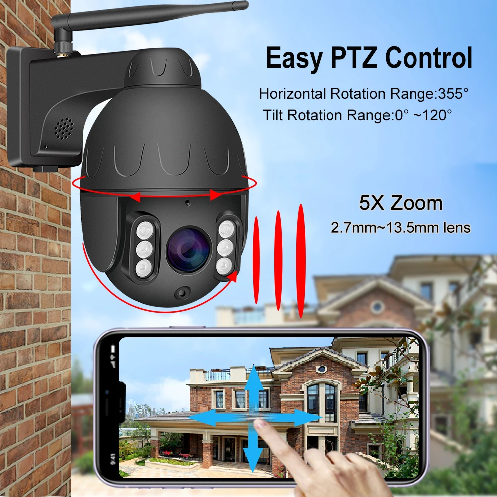 Namų CCTV Saugumo 5MP 4G PTZ Kamera, Auto Sekimas 5X ZOOM Metalo Kupolo IR H. 265 Belaidžio ryšio Wi-fi IP Kamera Humanoidų Garso Aptikimo
