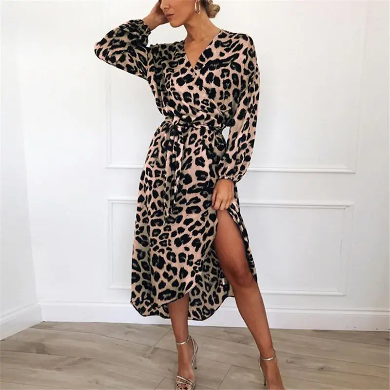 ZITY Leopard Suknelė Moterims Šifono Long Beach Suknelė Prarasti ilgomis Rankovėmis Giliai V -Kaklo-Line Seksualus Šalis Suknelė
