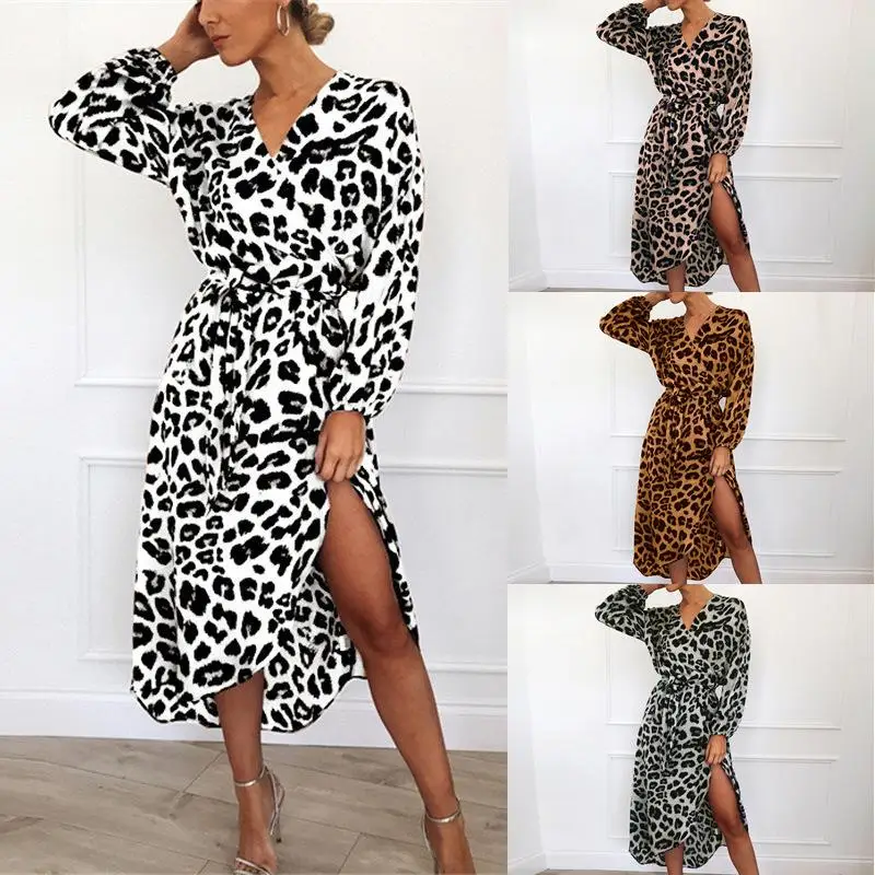 ZITY Leopard Suknelė Moterims Šifono Long Beach Suknelė Prarasti ilgomis Rankovėmis Giliai V -Kaklo-Line Seksualus Šalis Suknelė