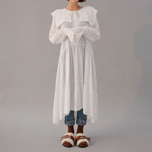 Vintage White Marškinėliai, Suknelės Moterims Ilgomis Rankovėmis Peter Pan Apykaklės Šifono Suknelė Lolita Mori Merginos Raukiniai Prarasti Ilga Suknelė Vestidos