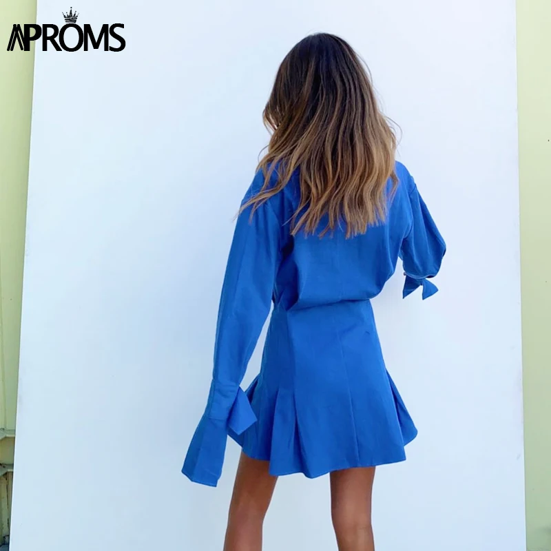 Aproms Elegantiška Mėlynos Medvilnės Marškinėliai Suknelė Moterims Pavasario 2021 Aukštosios Mados vientisos Spalvos Sudegintasis Rankovėmis Bodycon Mini Suknelės OLIS Vestidos