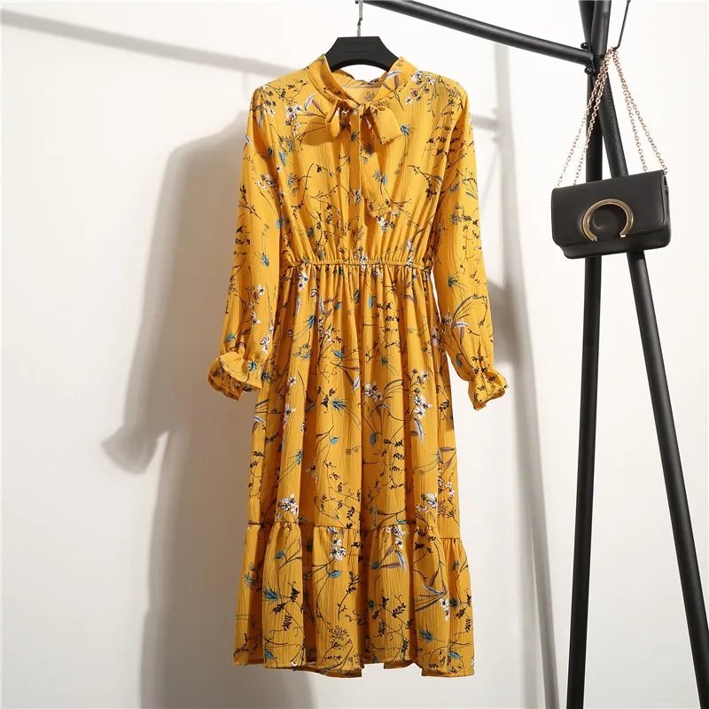 Pavasarį, Rudenį Moterys Vintage Marškinėliai Šifono Suknelė ilgomis Rankovėmis Bowknot Office Polka Dot Suknelės Saldus moters Gėlių Spausdinti Midi Suknelė