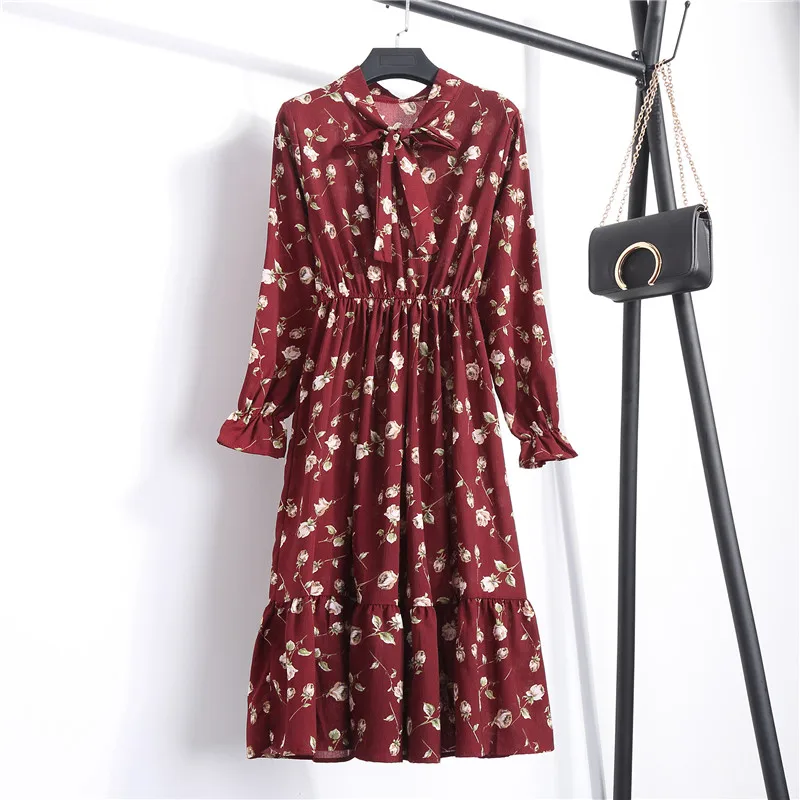 Pavasarį, Rudenį Moterys Vintage Marškinėliai Šifono Suknelė ilgomis Rankovėmis Bowknot Office Polka Dot Suknelės Saldus moters Gėlių Spausdinti Midi Suknelė
