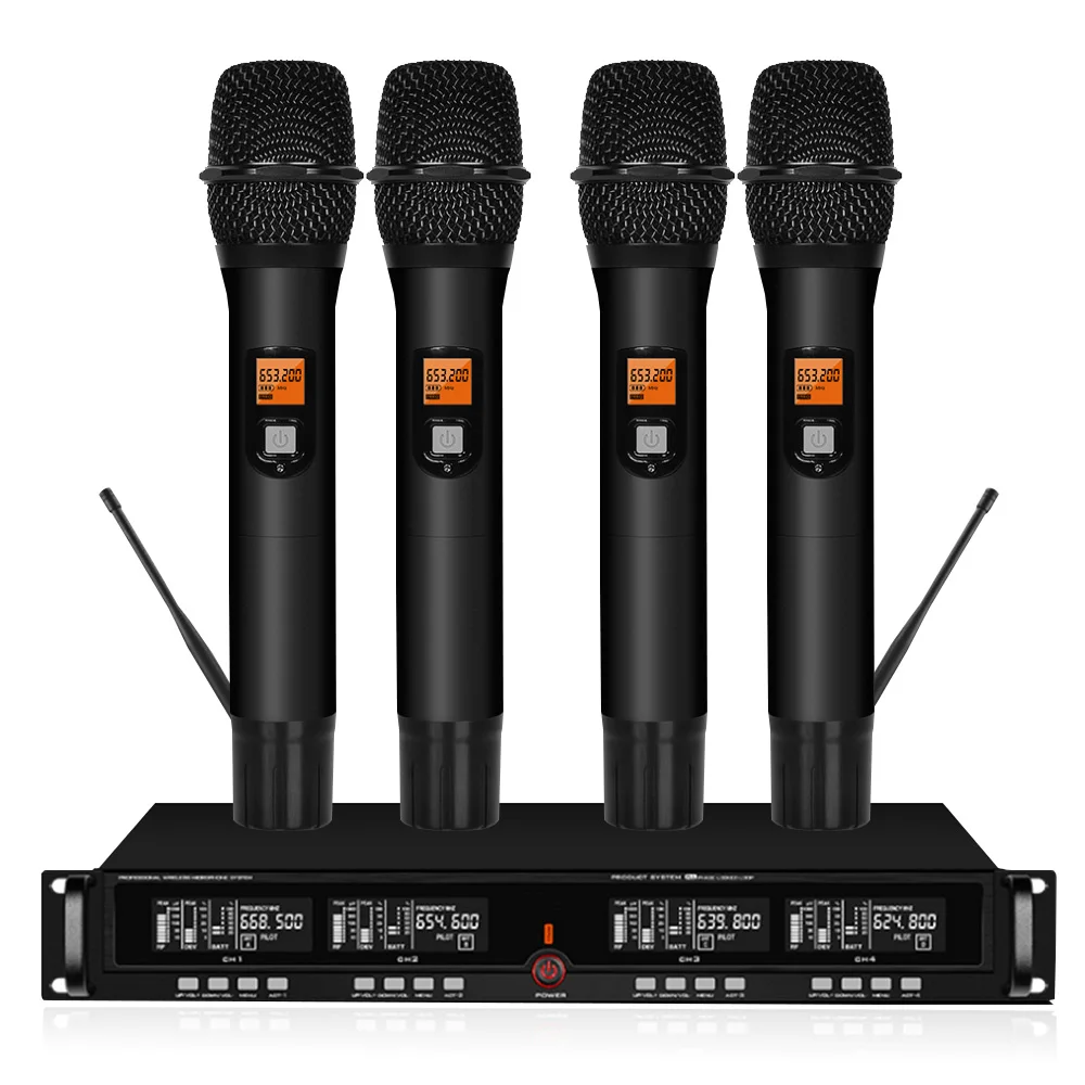 Profesionalių UHF Bevielis Mikrofonas Etape Mikrofonų Sistema 4 Kanalų Handheld Microphone Namų KTV su 2U Imtuvas