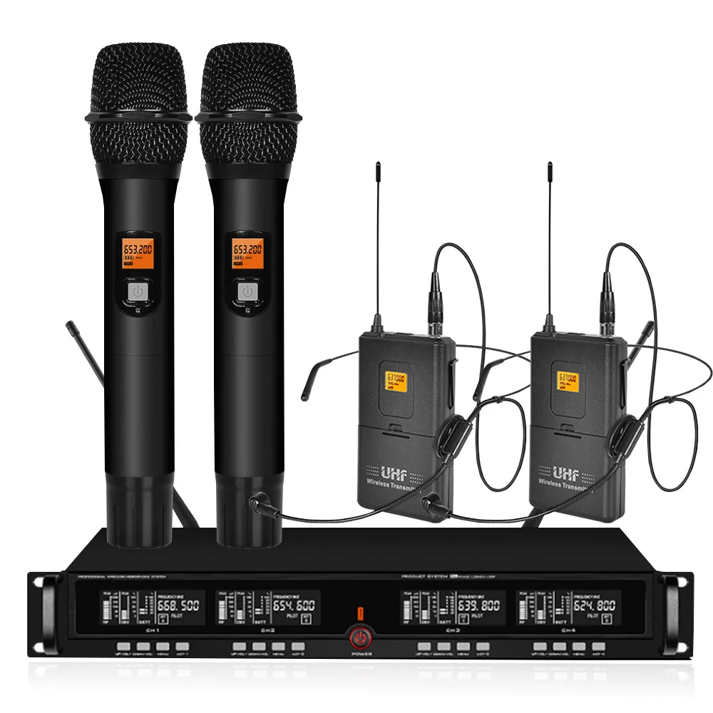 Profesionalių UHF Bevielis Mikrofonas Etape Mikrofonų Sistema 4 Kanalų Handheld Microphone Namų KTV su 2U Imtuvas