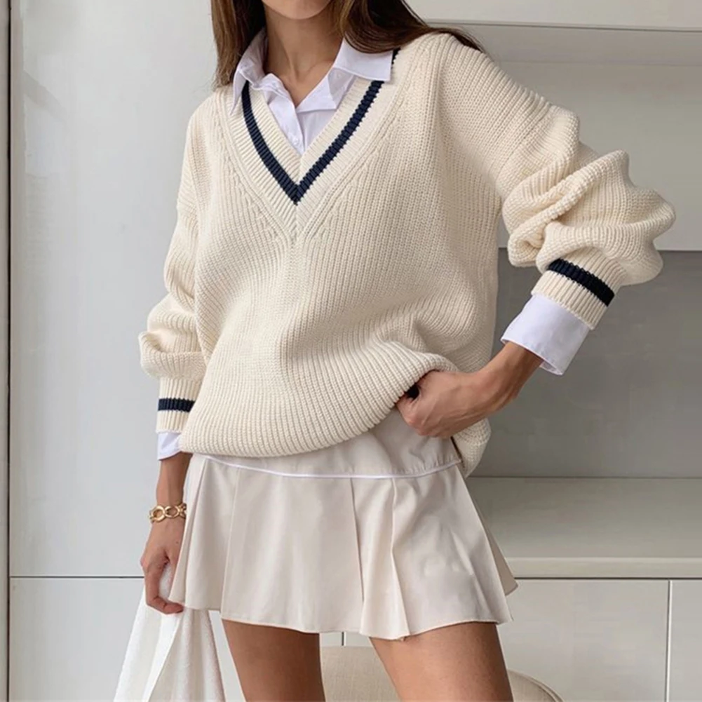 Naujas Moterų Baltas Megztinis Atsitiktinis Juostele V Kaklo Preppy Stilius Korėjos Ilgomis Rankovėmis Džemperis Ponios Streetwear Rudens Žiemos (Puloveris)