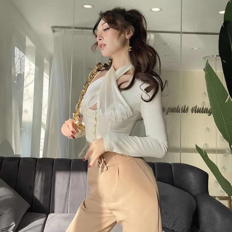2020 Metų Žiemos Mados Kryžiaus Tvarstis Apynasrio Elegantiška Vintage Ilgomis Rankovėmis Pasėlių Viršų Seksualus Backless Moterims Palaidinės Rinkti Juosmens Marškinėliai