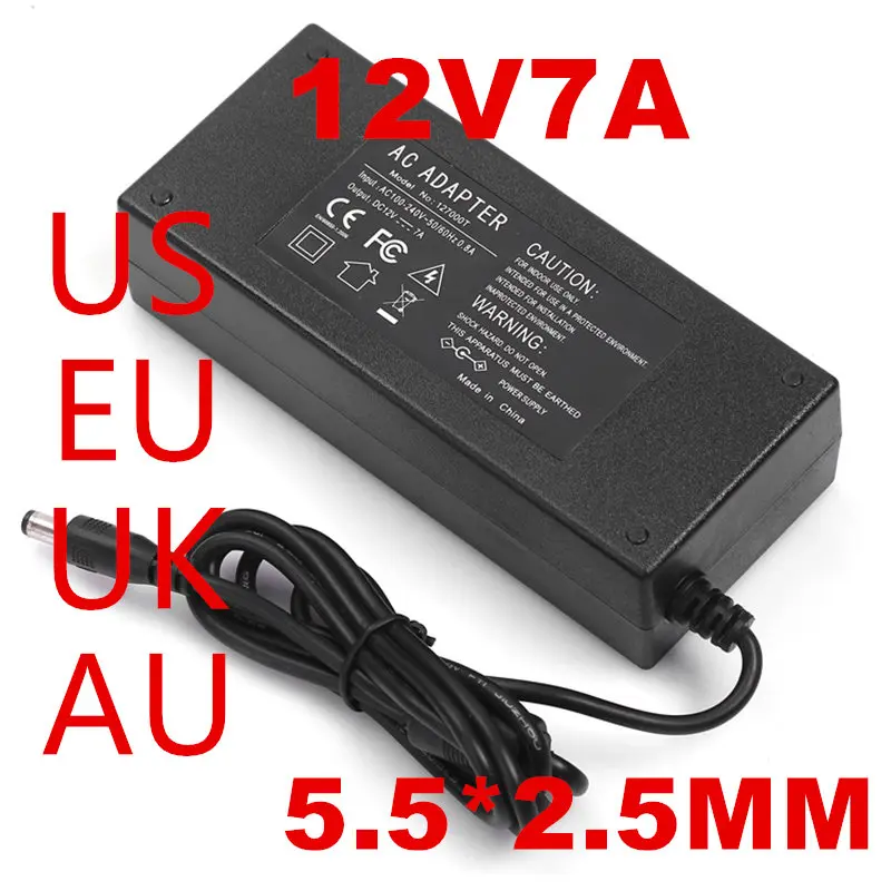 1PCS 7A 84W 12V Maitinimo Adapteris 12v 7a Ac Adapteris 12V AC linijos 1.2 M + DC linija, 1.2 M 5.5*2.5 MM JAV, ES, UK, AS plug