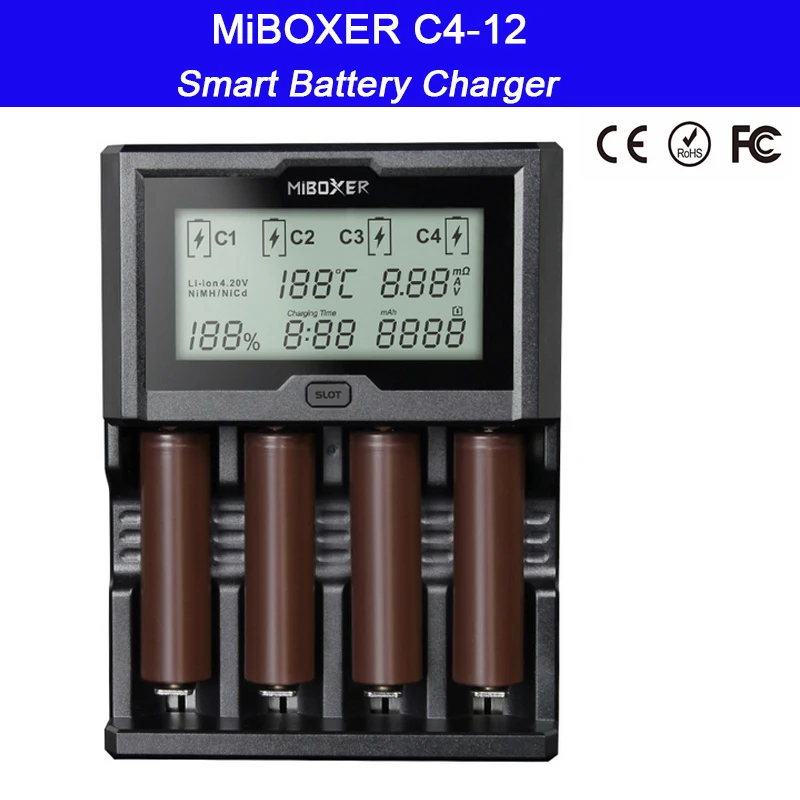 Miboxer C4-12 Protingas Universalus Baterijų Kroviklis 12V 5A 4 Slots LCD Ekranas Li-ion/Ni-MH/Ni-Cd/LiFePO4 18650 26650 AAA AA