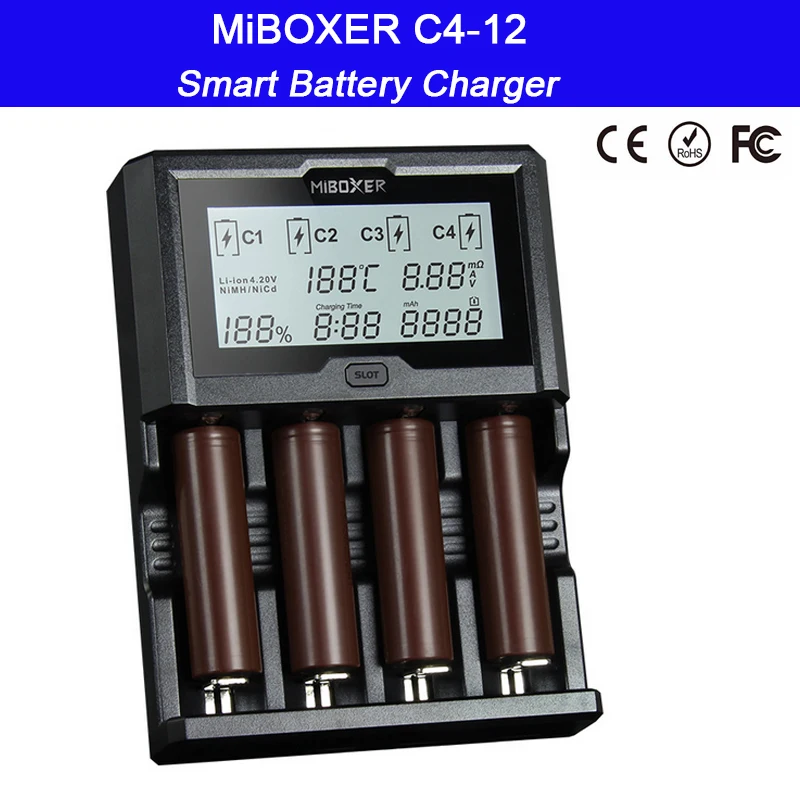 Miboxer C4-12 Protingas Universalus Baterijų Kroviklis 12V 5A 4 Slots LCD Ekranas Li-ion/Ni-MH/Ni-Cd/LiFePO4 18650 26650 AAA AA