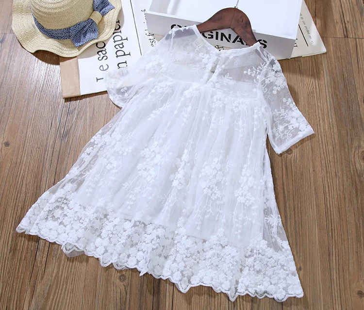2020 M. Nauja Baby Girl Vasaros Suknelė Vaikams Mergaitėms Baltos Spalvos Nėrinių Gėlių Siuvinėjimas Trumpas Rankovėmis Princess Gimtadienio Suknelės Vestido Drabužiai