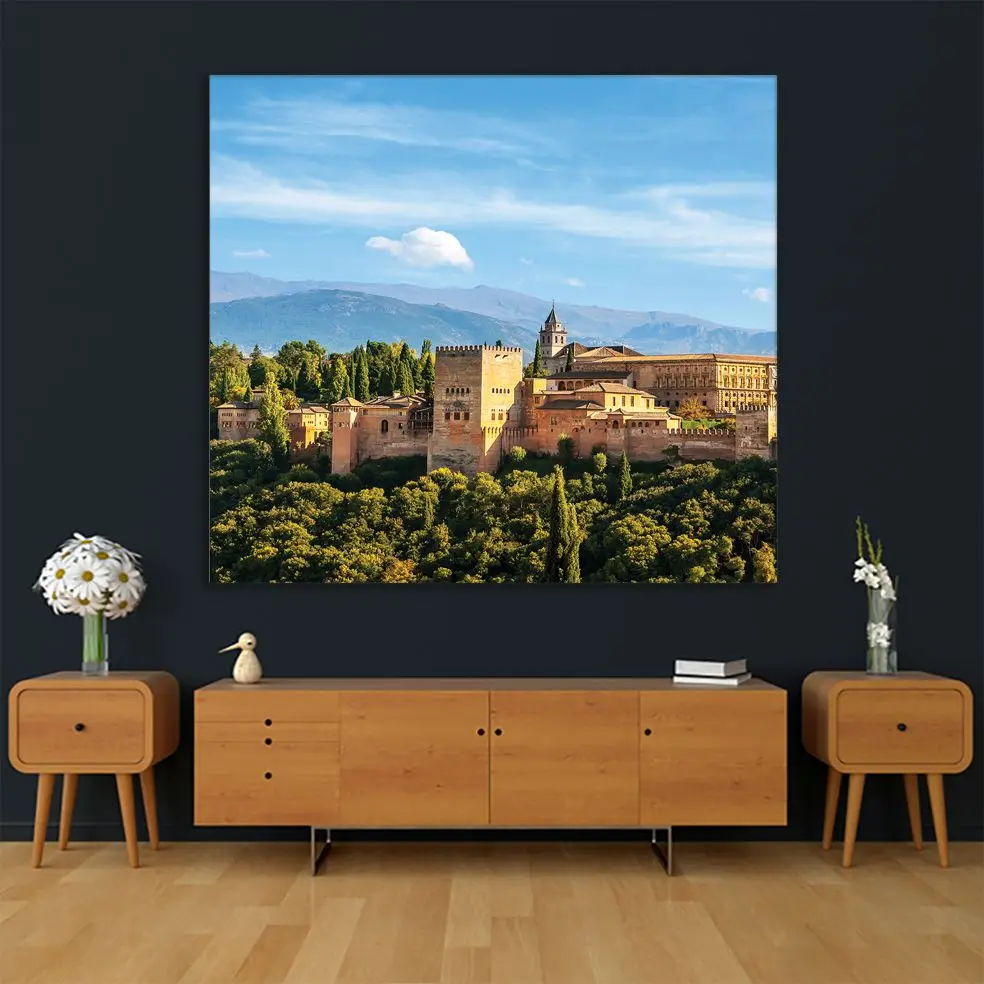 Gobelenas vaizdas iš Alhambra Rūmai Granadoje, ispanija su Siera Nevados Kalnų ir Miškų Saulėtą Dieną Mėlyna Žalia Balta