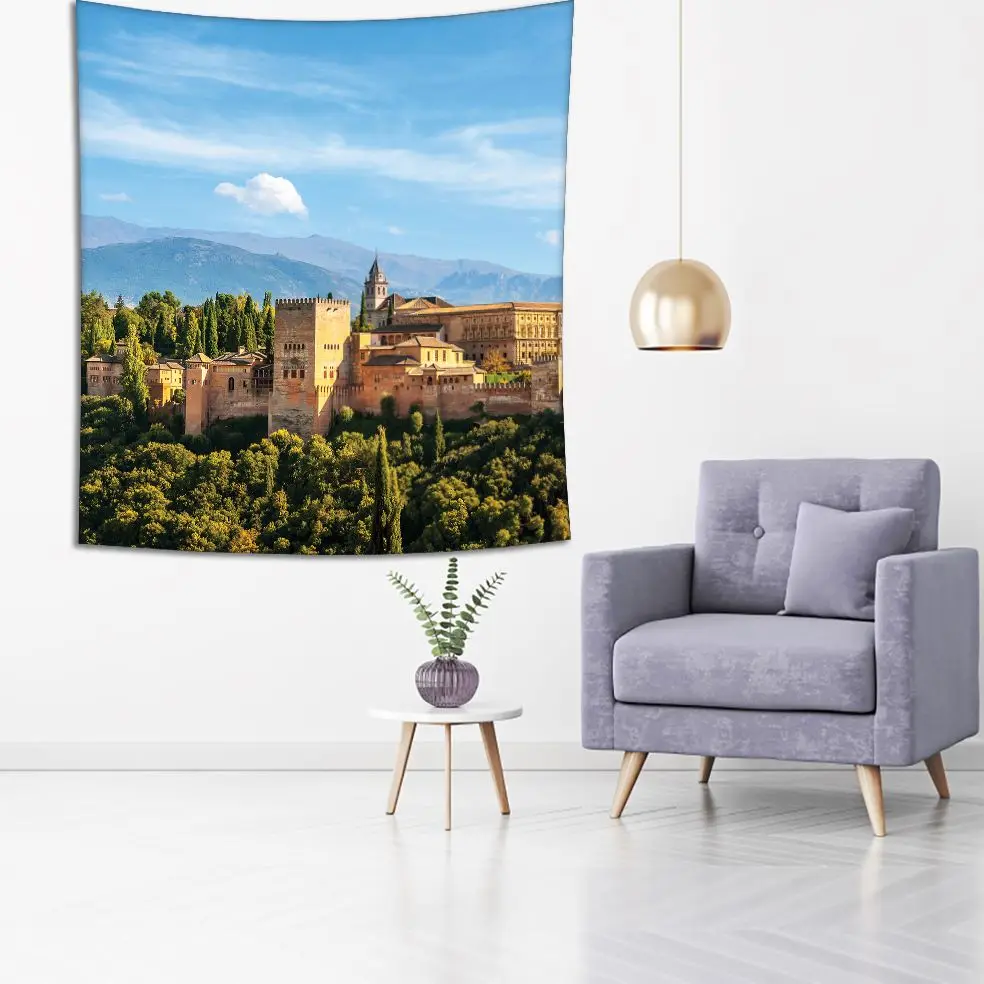 Gobelenas vaizdas iš Alhambra Rūmai Granadoje, ispanija su Siera Nevados Kalnų ir Miškų Saulėtą Dieną Mėlyna Žalia Balta