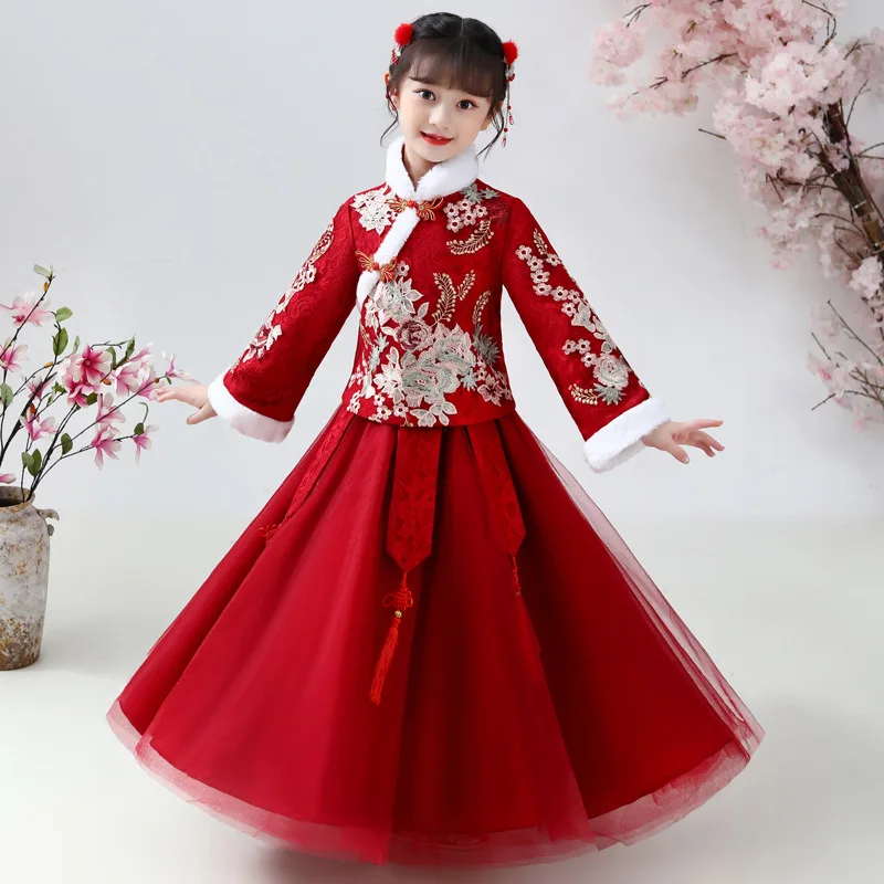 Mergaičių Hanfu Naujųjų Metų Aprangos Vaikų Šiltas Cheongsam Kinijos Tang Kostiumas Vaikas Žiemos Plius Aksomo Mielas Siuvinėjimas Šalis Suknelė