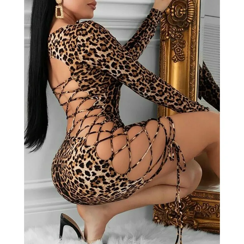 Sexy Moteris Bodycon Mini Leopardas Spausdinti Backless Suknelė Ilgomis Rankovėmis Vakare Šalis Suknelė