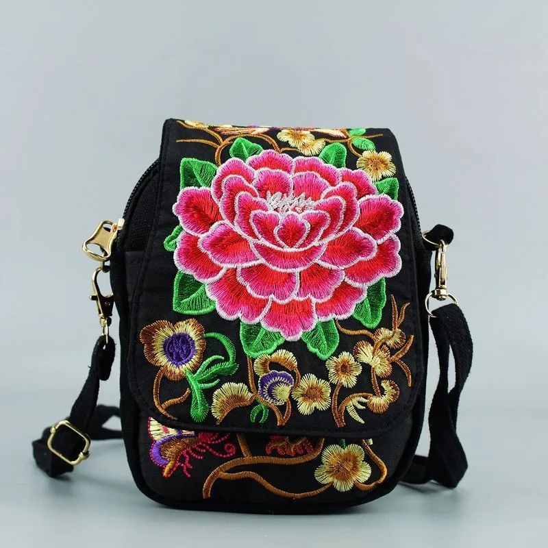 Moterų Pečių Maišą Kelionių Maišelis Derliaus Gėlių Aplikacija Crossbody Zip Bag