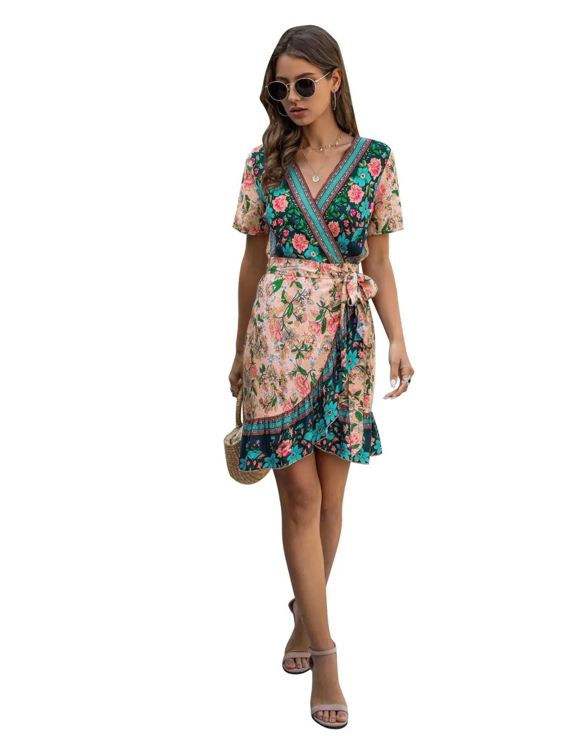 Nauja Vasaros Gėlių Spausdinti Bohemijos Varčias Suknelė Moterims 2020 Kryžiaus V-Kaklo, Pynimas Suknelė Trumpomis Rankovėmis Moteriška Boho Mini Sundresses