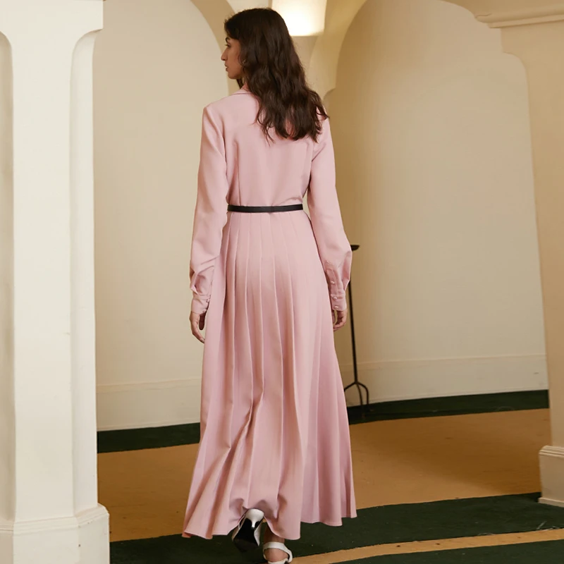 TWOTWINSTYLE Derliaus Rožinė Suknelė Moterų V-Kaklo, ilgomis Rankovėmis Aukštos Juosmens Elegantiškas Maxi Suknelės Moterų Mados Naują Drabužių 2020 m.