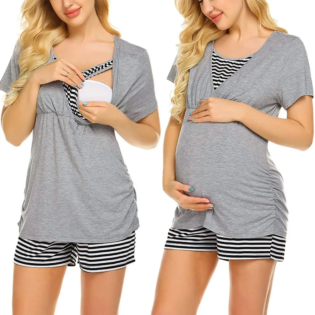 Moterų Motinystės Krūtimi Maitinančioms Pižama trumpomis Rankovėmis Nustatyti Slaugos Kūdikių marškinėliai+Dryžuotas Šortai Pižama Zwangerschaps Kleding
