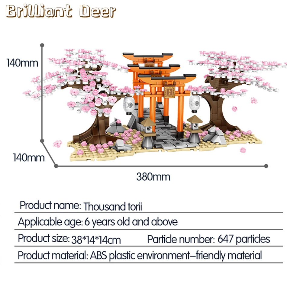 647PCS Sakura Inari Šventykla Plytų Cherry Blossom Stiliaus Miesto Street View 