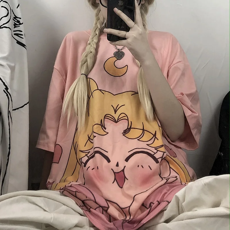 Sailor Moon Camisetas Verano Mujer Marškinėliai Harajuku Moterų Animacinių filmų T-shirt Mados Marškinėlius Marškinėliai, Topai Studentų Drabužiai