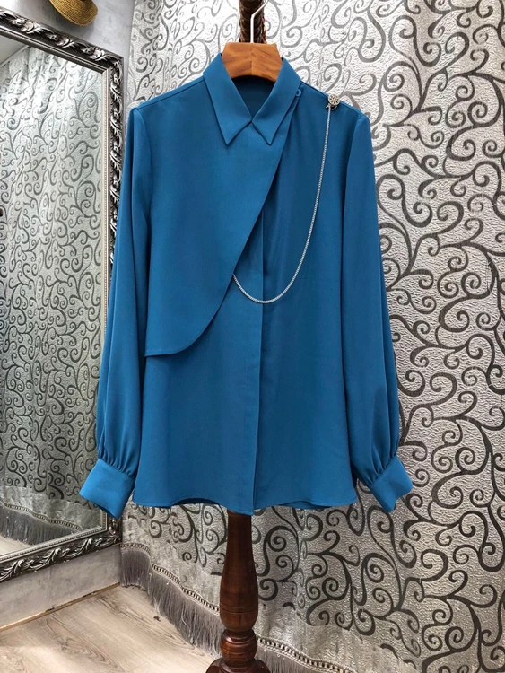 2020 m. Rudens ir Žiemos naujas moterų lapelirregular dygsnio drillchain dekoratyvinis vientisos spalvos ilgomis rankovėmis marškinėliai 924