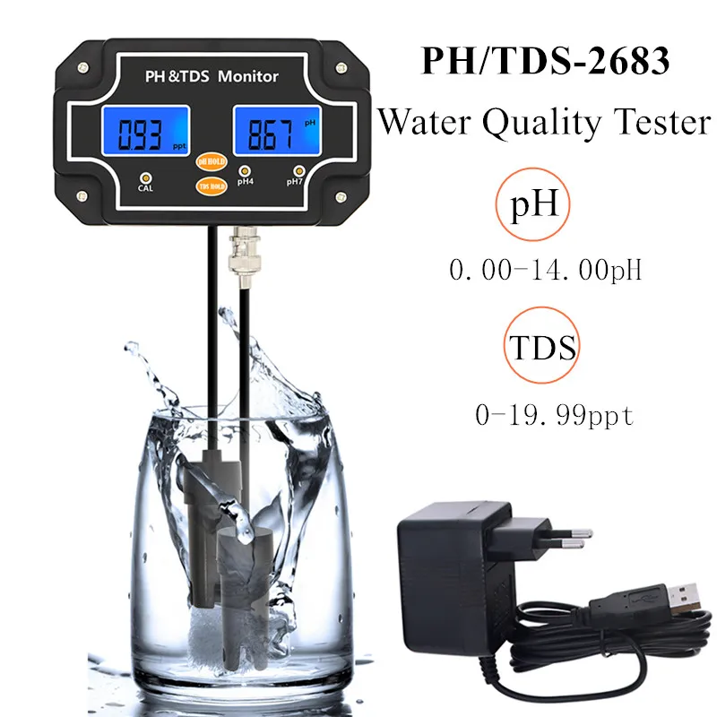 PH/TDS-2683 2 in 1 pH-Metras pH/TDS Vandens Kokybės Testeris TDS Matuoklis atsparus Vandeniui Dvigubas Ekranas Testeriai Akvariumas Baseinas, Spa 40% NUOLAIDA